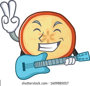 A mascot of apple chips performance with guitar