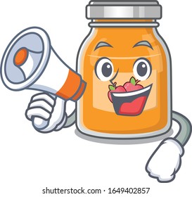A mascot of apple jam speaking on a megaphone