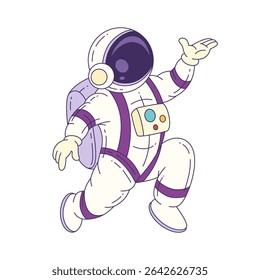 Mascot astronaut in cartoon style dressed in a detailed space suit, prepared for exciting exploration and cosmic missions. Great for creative projects and education. Vector illustration