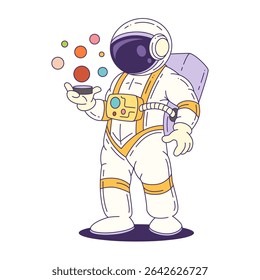 Mascot astronaut in cartoon style wearing a white space suit and helmet, holding a miniature planetary system, perfect for science and educational materials. Vector illustration