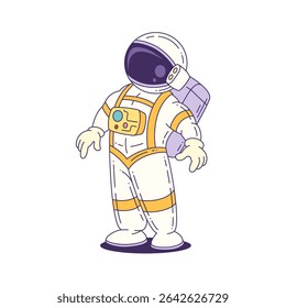 Mascot astronaut in cartoon style wearing a white suit with yellow details and helmet, standing isolated and prepared for space exploration. Perfect for educational use. Vector illustration