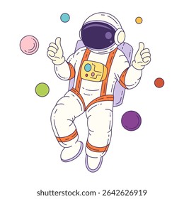 Mascot astronaut character in cartoon style floating in outer space, surrounded by colorful planets, ideal for education, science, and creative projects. Vector illustration