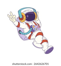 Mascot astronaut in a colorful suit floating in outer space with headphones, making a peace sign. Fun and engaging character design for educational or creative use. Vector illustration