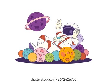 Mascot astronaut in a colorful suit surrounded by planets and a ringed planet, making peace signs with both hands. Whimsical and fun space exploration theme. Vector illustration.