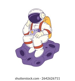 Mascot astronaut in full gear sitting on a strange alien rock in space, expressing calmness and curiosity. Great for educational and sci-fi themes. Vector illustration