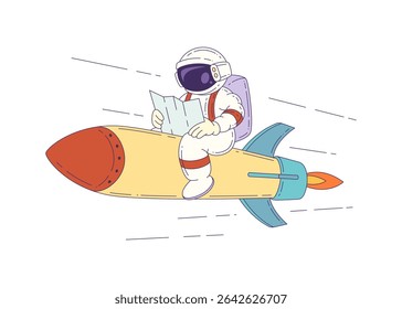 Mascot astronaut wearing a space suit sits on a rocket holding a map for navigation, representing curiosity and discovery. Ideal for educational and space-themed concepts. Vector illustration.