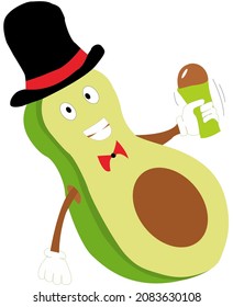 Mascot Avocado ,in the form of a mister holding a shaked drink 