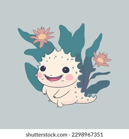 Mascot for axolotl, an aquatic animal, a small sea creature, with a flat cartoon design