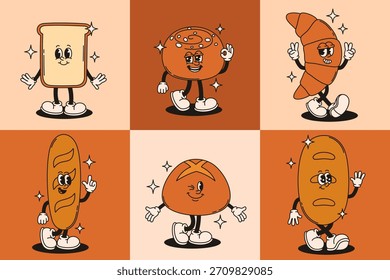 Mascot baking characters in retro groovy style.