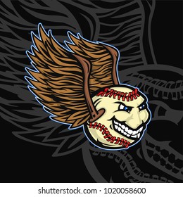 Mascot of baseball ball with smiling face and wings.