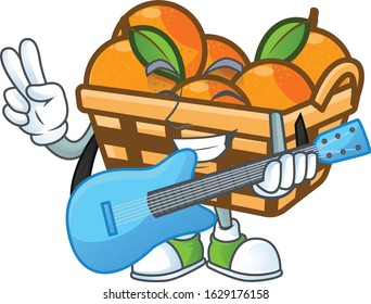 A mascot of basket oranges performance with guitar