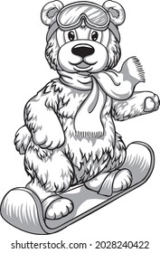 Mascot, bear on skis, black and white drawing, embroidery, print for fabric