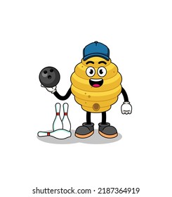 Mascot of bee hive as a bowling player , character design