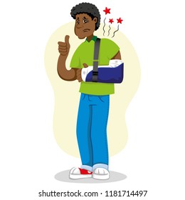 Mascot ben person man, with arm bandaged, fracture, immobilized, using orthopedic sling. Ideal for informational and institutional related to medicine