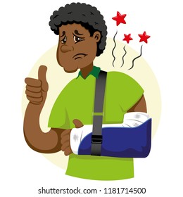 Mascot ben person man, with arm bandaged, fracture, immobilized, using orthopedic sling. Ideal for informational and institutional related to medicine