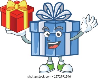 Mascot of blue gift box character up a gift