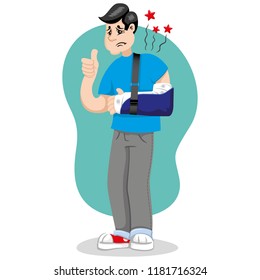 Mascot bob person man, with arm bandaged, fracture, immobilized, using orthopedic sling. Ideal for informational and institutional related to medicine
