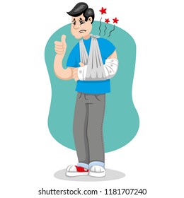 Mascot bob person man, frayed bandage, fracture, immobilized, using temporary sling. Ideal for informational and institutional related to medicine