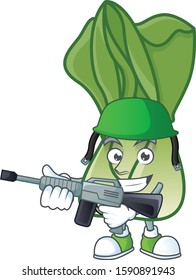 A mascot of bok choy as an Army with machine gun