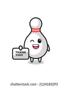 the mascot of the bowling pin holding a banner that says thank you , cute style design for t shirt, sticker, logo element