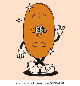 Mascot bread character in retro groovy style.