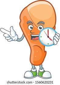 Mascot with bring clock in the chicken thigh cartoon