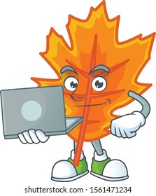 Mascot a with bring laptop in the cartoon orange autumn leaves