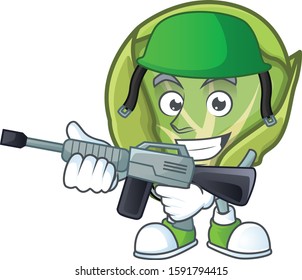 A mascot of brussels sprouts as an Army with machine gun