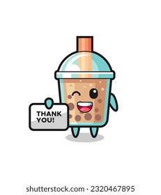 the mascot of the bubble tea holding a banner that says thank you , cute style design for t shirt, sticker, logo element