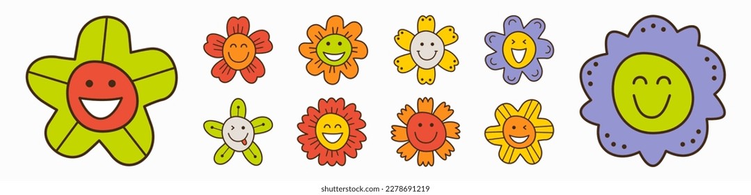 Mascot bundle, cheerful flowers. Comic faces, variety emotions, blooming. Personage for social networks
