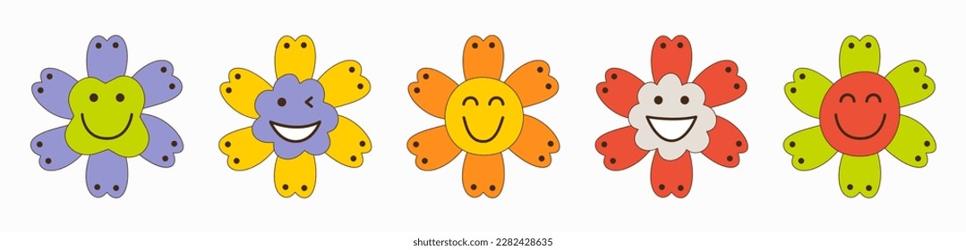 Mascot bundle, cheerful flowers. Funny characters, different feelings, fabulous face. Personage for social networks
