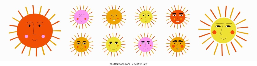 Mascot bundle, cheerful suns. Comic faces, variety emotions, sunshine clipart. Personage for social networks
