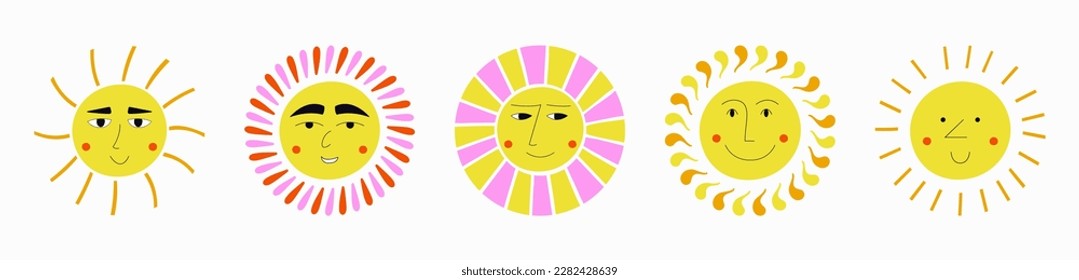 Mascot bundle, cheerful suns. Funny characters, different feelings, summer face. Personage for social networks
