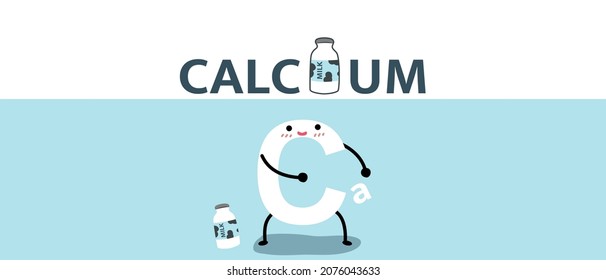 mascot Ca. Calcium on blue and Milk bottle on white background . Healthy concept. nutrition for advertisement .