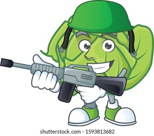 A mascot of cabbage as an Army with machine gun