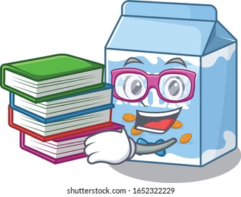 mascot cartoon of almond milk studying with book