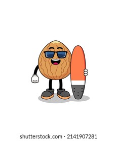 Mascot cartoon of almond as a surfer , character design