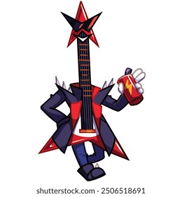 Mascot and cartoon animation character: The artist created from an electric guitar plays aggressive rock music - Flaming ver