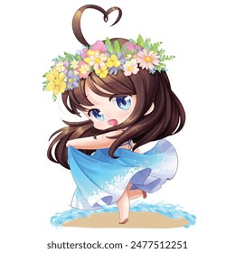 Mascot and cartoon animation character: Beautiful girl with a floral dress is dancing representing autumn