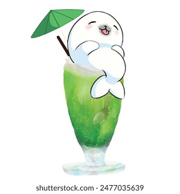 Mascot and cartoon animation character: the cute, mischievous seal is sitting on a glass of cool, delicious aloe vera juice in the summer