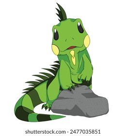 Mascot and cartoon animation character: cute funny iguna standing on a stone