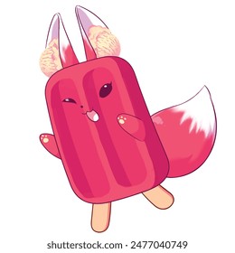 Mascot and cartoon animation character: The cute pink fox is created from a cool and delicious watermelon ice cream stick