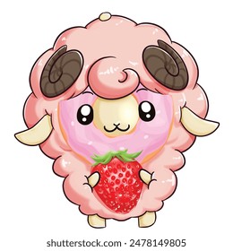 Mascot and cartoon animation character: A cute and funny pink sheep with a strawberry donut face is holding a fresh strawberry