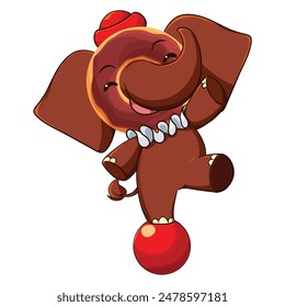 Mascot and cartoon animation character: A cute brown elephant with a chocolate donut face is performing a circus