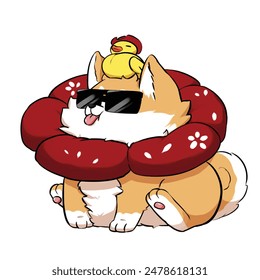 Mascot and cartoon animation character: The cute plump Inu Shiba dog has a flower-shaped anti-licking collar and a small bird on its head v1