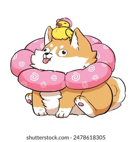 Mascot and cartoon animation character: The cute plump Inu Shiba dog has a flower-shaped anti-licking collar and a small bird on its head v2