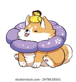 Mascota y personaje de animación de dibujos animados: El lindo perro regordete Inu Shiba tiene un collar antilamido en forma de flor y un pájaro Pequeño en su cabeza v3