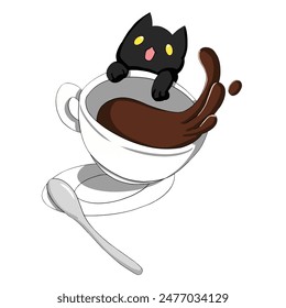 Mascot and cartoon animation character: mischievous black cat with a cup of hot and delicious coffee