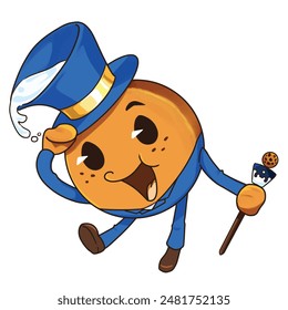 Mascot and cartoon animation character: Mr. Cookie in his elegant blue suit