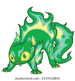 Mascot and cartoon animation character: The mythical monster cat was created from green flame - new version